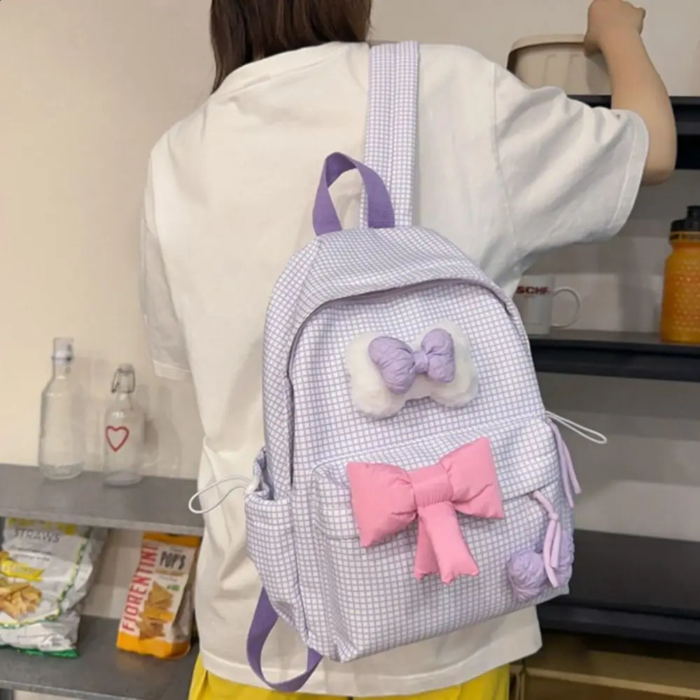 Large Capacity Cute Bow Backpack Solid Color Korean Nylon Student Backpack Grid Lightweight 240912