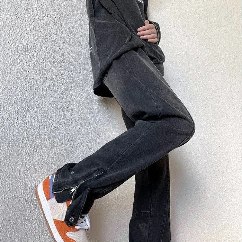 Trousers Zipper Punk Man Cowboy Pants Flared Bootcut Mens Jeans with Slits Stacked Cotton Kpop Trend Fashion Xs Harajuku 240912