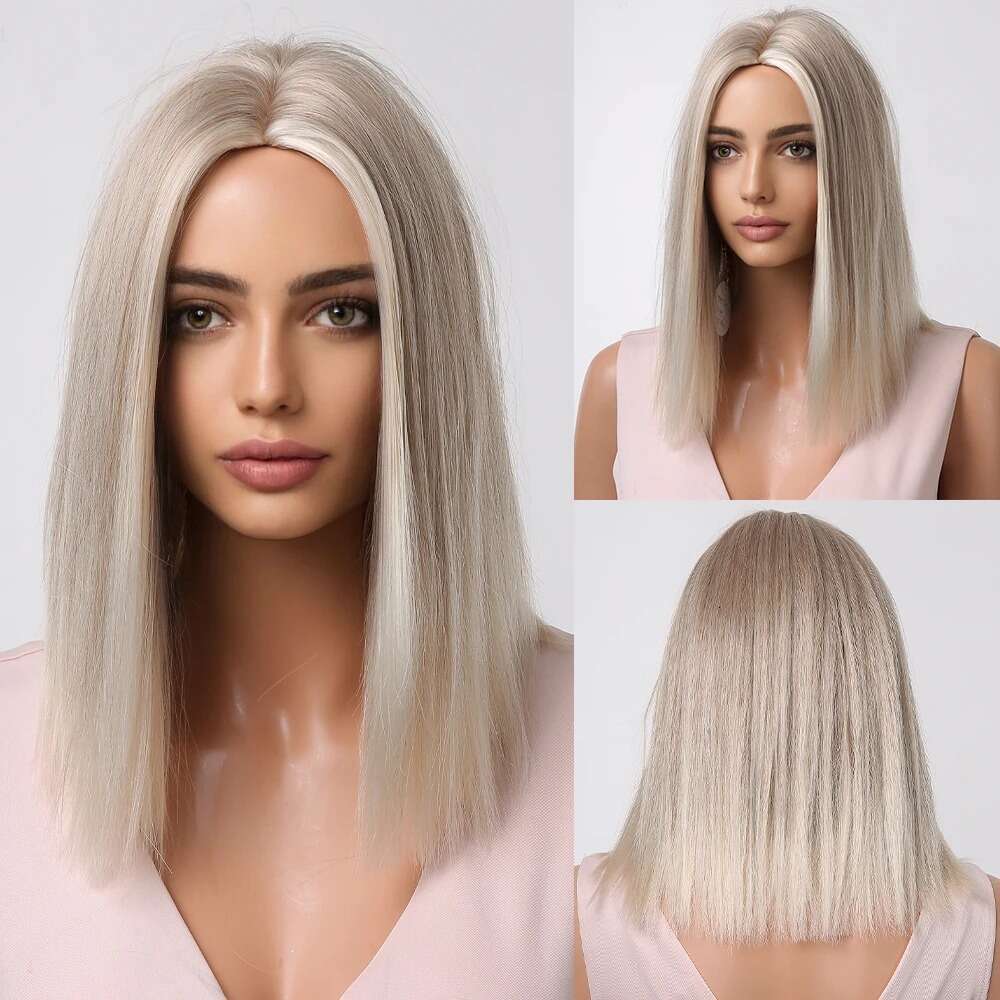14" Short Straight Women Ombre Ash Blonde Highlights Synthetic Wigs Cute Bob Wig For Cosplay/Daily Heat Resistant Fiber