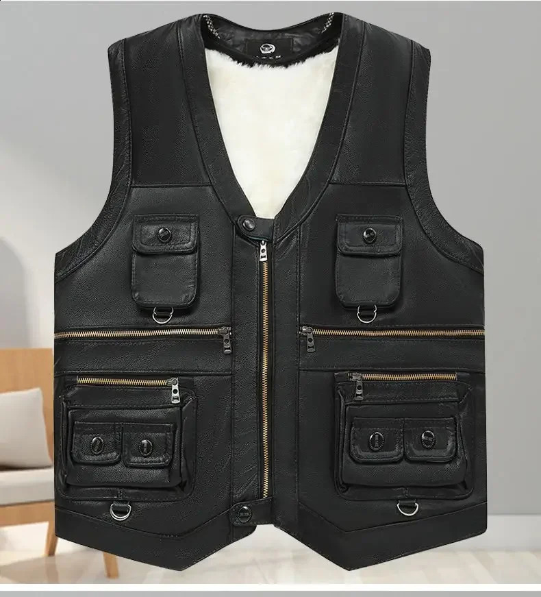 mens FAUX PU leather jacket loose top classic black sleeveless motorcycle jacket size mens business casual vest D16 240913