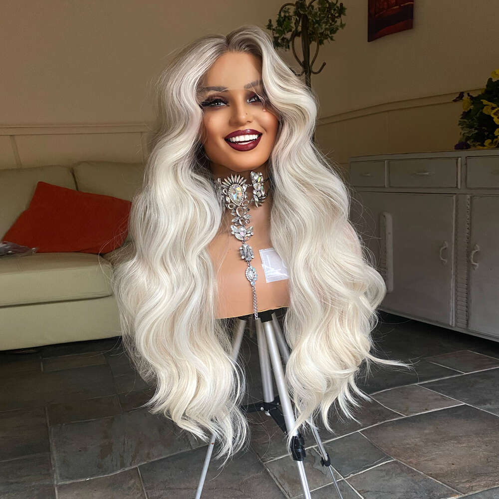 Highest Quality Synthetic Material Lace Front Wig 28 Inches Icy Blonde Thick Long Wavy Women Wigs Asy Roots Heat Protected