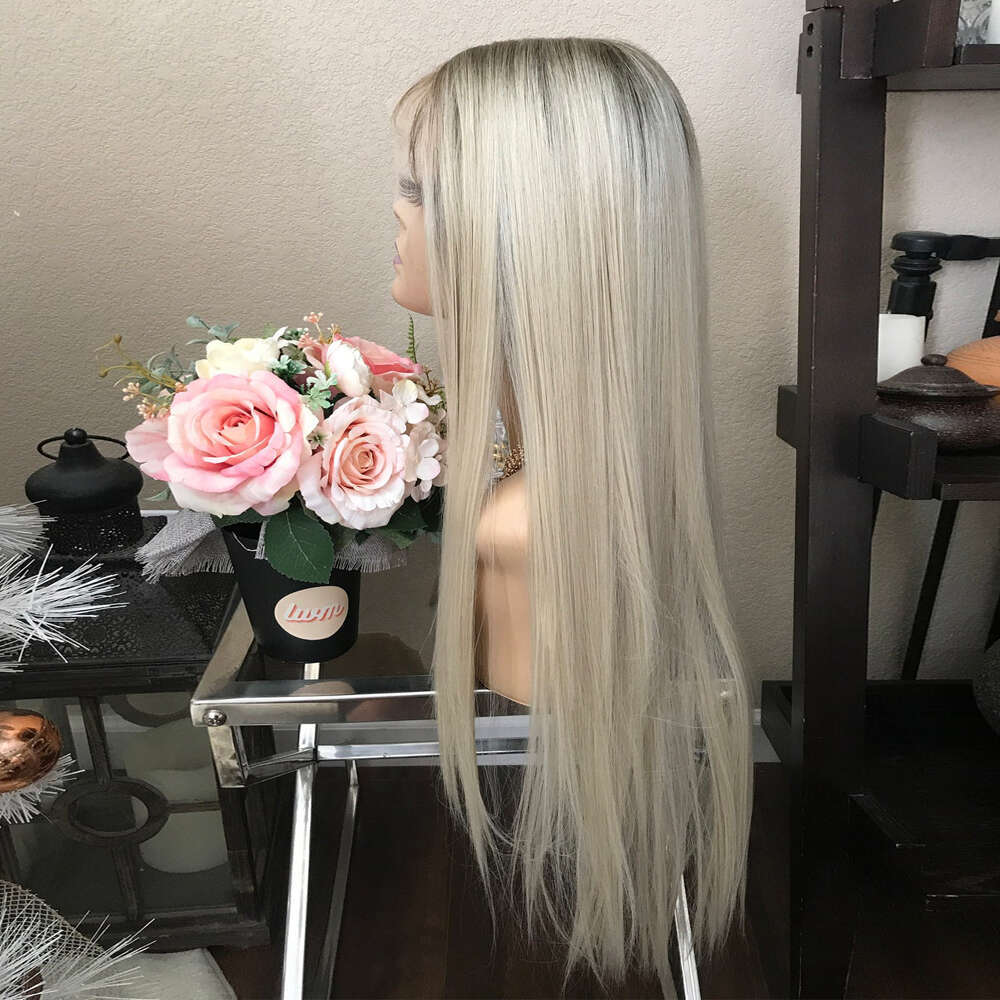 Platinum Blonde Straight Lace Front Wig For Women Synthetic Mixed Human Hair Wigs Heat Resistant Pre Plucked Ash Root Daily Wear