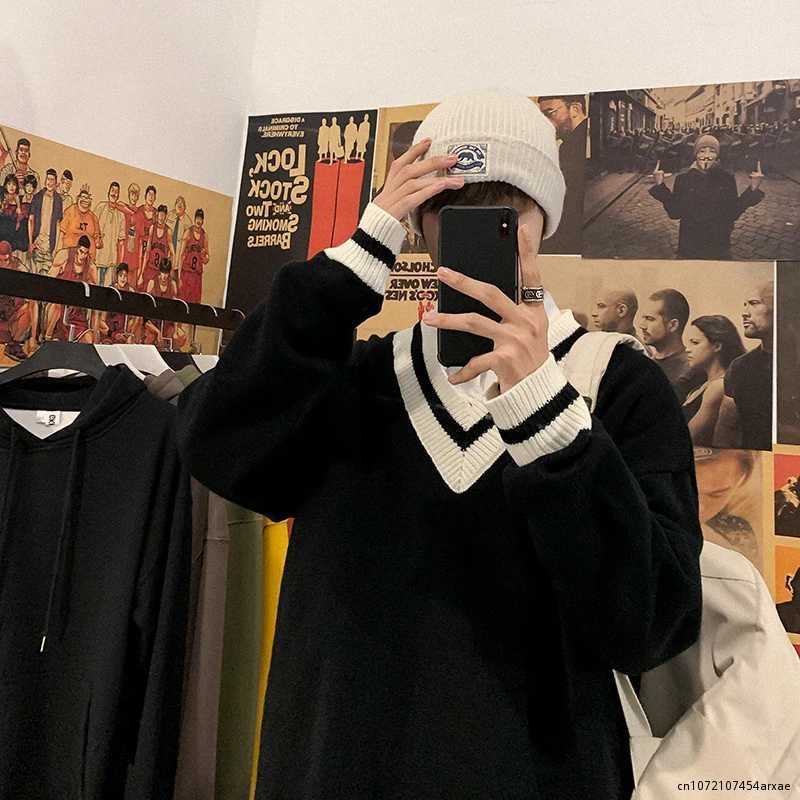 Men Fashion Pullover Warm Cashmere Knitting Long Sleeve Knit V-neck Loose Coats Casual Black/White Woolen Sweater M-2XL M240914