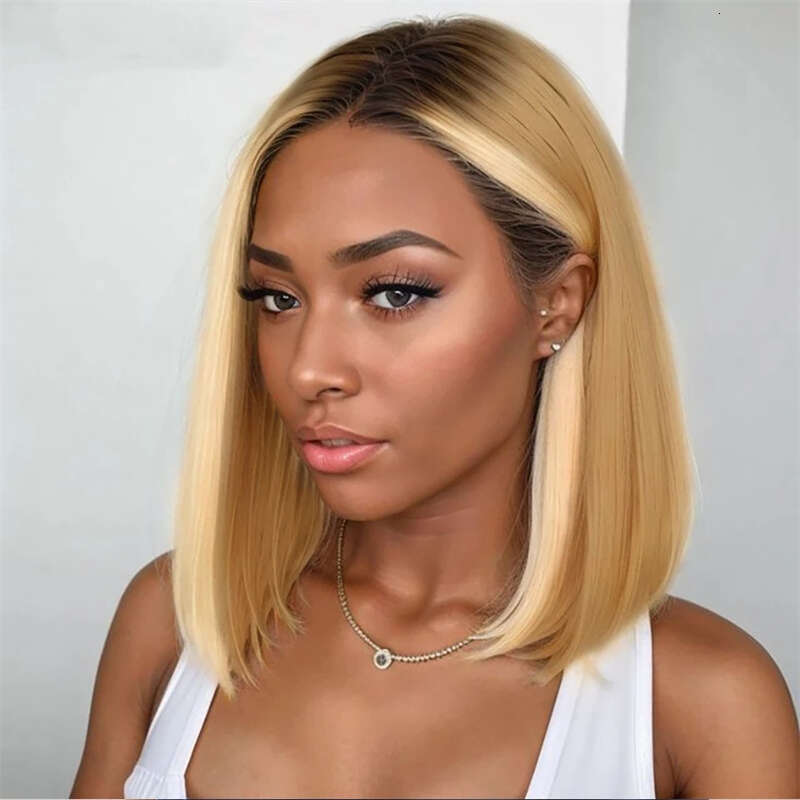 Highlight Straight 12 Inch Short 13X4 Lace Front Wig Ombre Honey Blonde Human Hair Bob Wigs