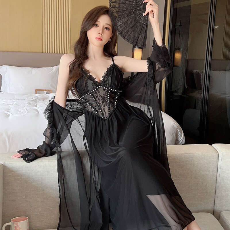 Mesh Lace Hollow Out Robe Set Black Women Nightgown Two Piece Bathrobe Gown Suit Court Style Sleepwear Kimono Loungewear