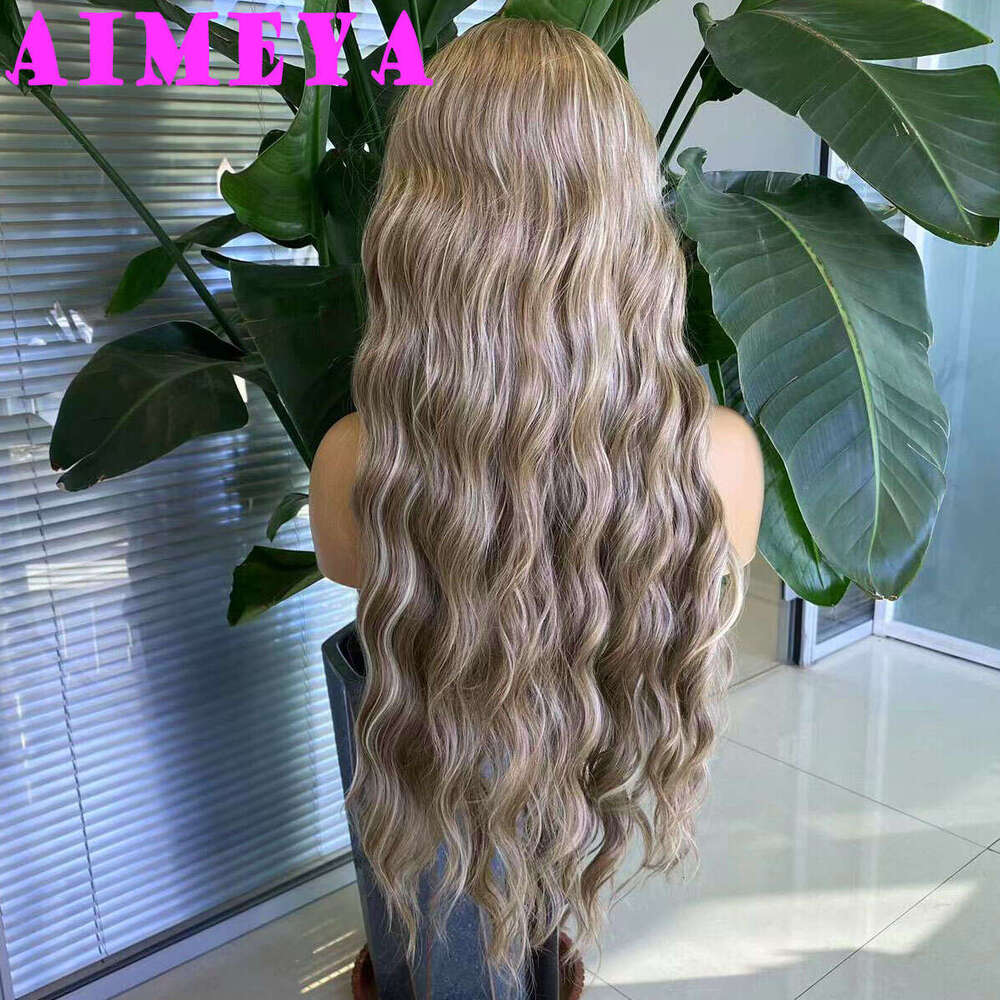 AIMEYA Brown Deep Wave Lace Front Synthetic Blonde Highlights Wig Natural Haire Daily Use Wigs Heat Resistant Fiber