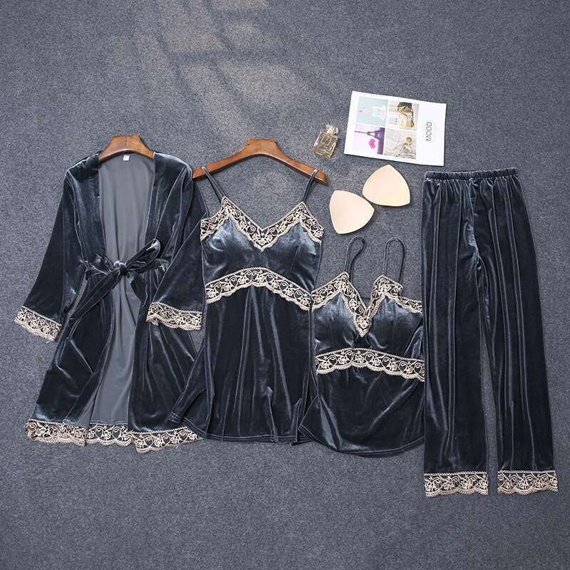 4 Pieces Lace Veet Pamas Sets Women Warm Sleepwear Robe Pants Winter Pijamas Bathrobe Sexy Gerie Autumn Pyjamas