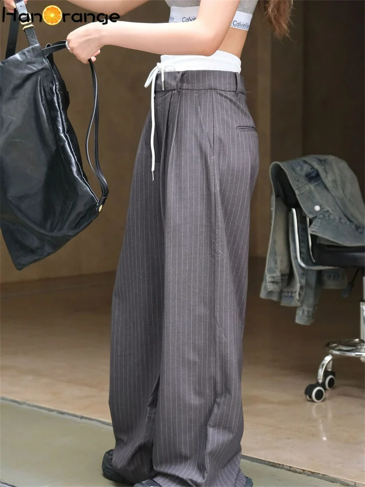 HanOrange Autumn Casual Waist Splicing Striped Pants Womens Loose Wide Legs Felt Trouser Grey 240913