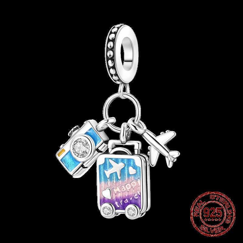 Sterling Silver Travel theme suitcase camera bag pendant Beads Charms Fit Original Bracelets Women DIY Jewelry Gift