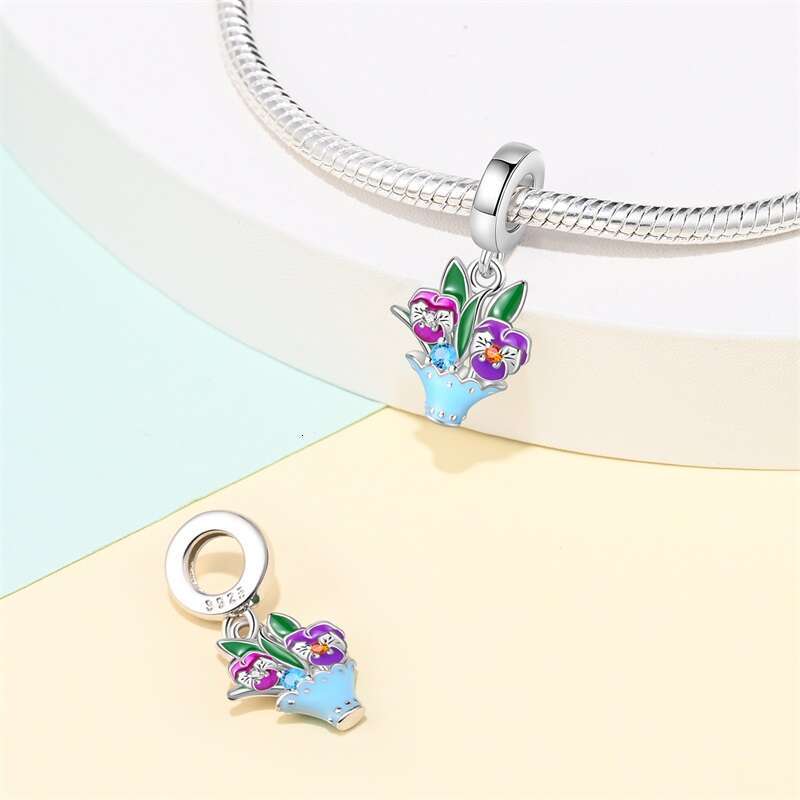 New 925 Sterling Silver Spring Tulip Pansy Flower Charms Bead Fit Original Bracelets Fine DIY Jewelry Birthday Gift