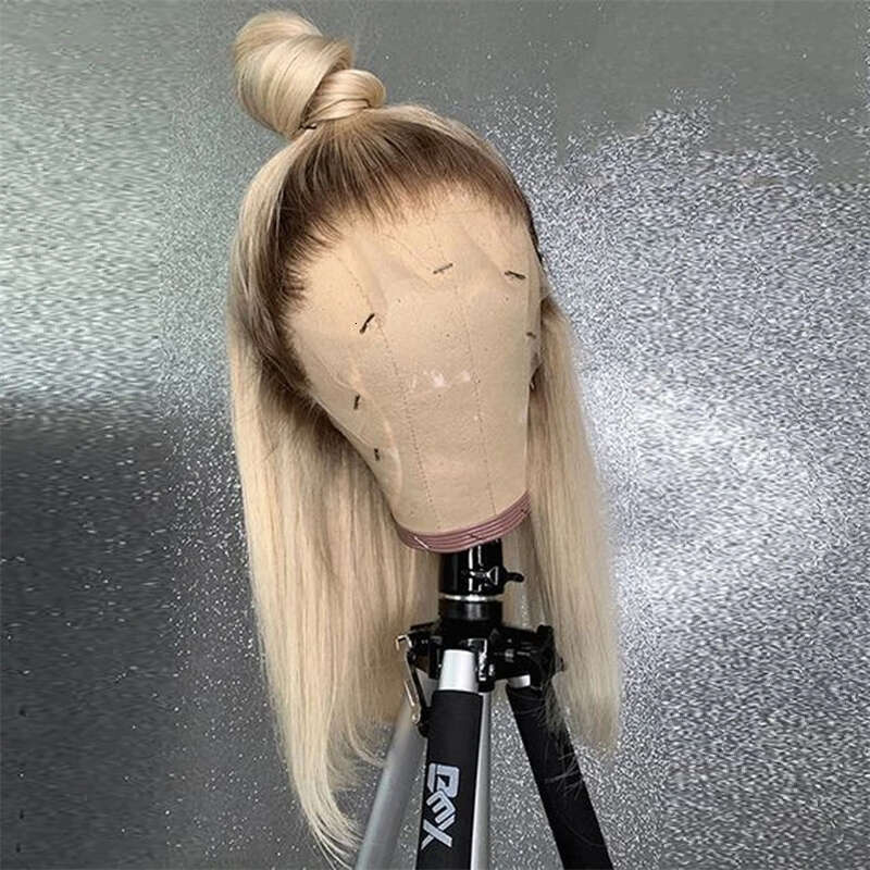 Ash Blonde Highlight Color Short Straight Bob Front Wigs For Women Long Synthetic Hair Dark Roots 13X4 Lace Frontal Wig