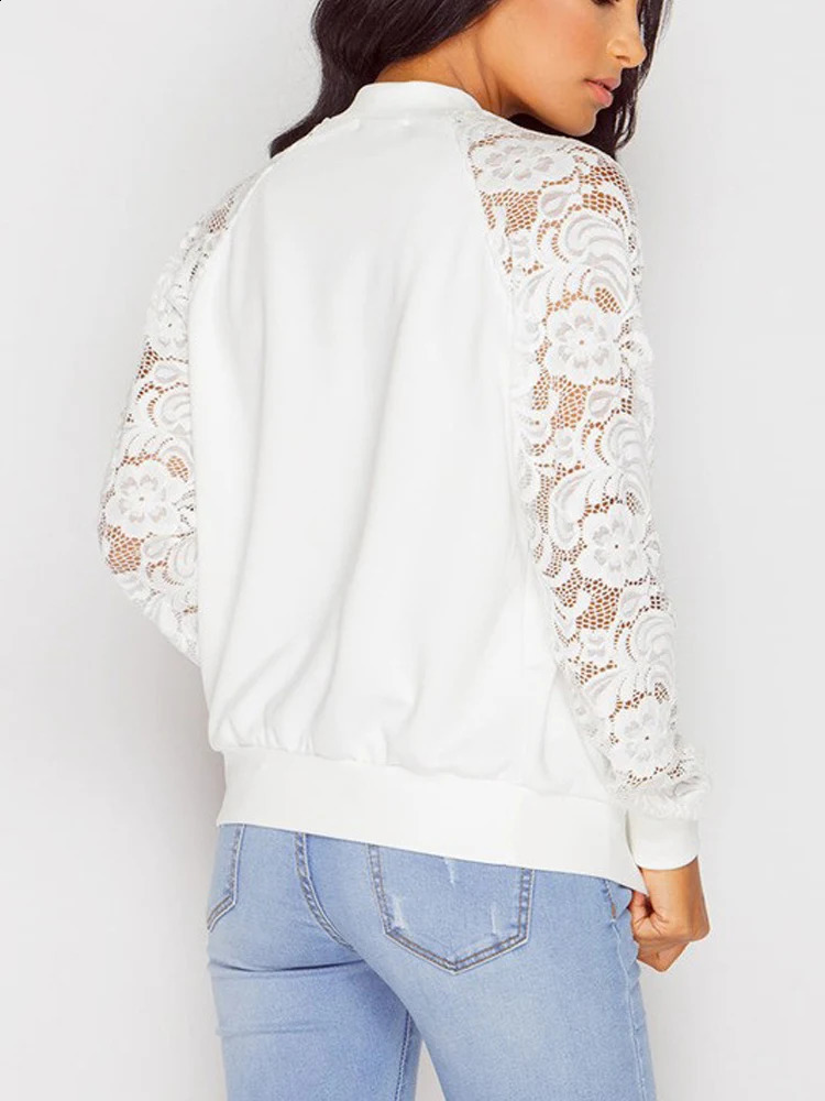 Womens Solid Casual Outwear Lace Long Sleeve Jacket Spring Autumn Elegant Zipper Coat Office Wear Slim 240910