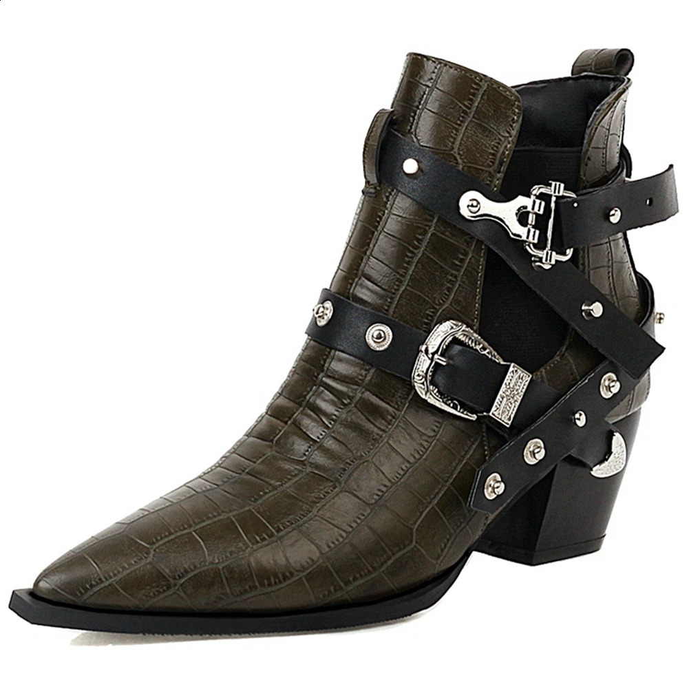 DoraTasia Plus Size 34-50 Womens Short Fat High Heels Pedal Boots Corner Buckle Rivet Boots Womens Party Ol Womens Shoes 240914