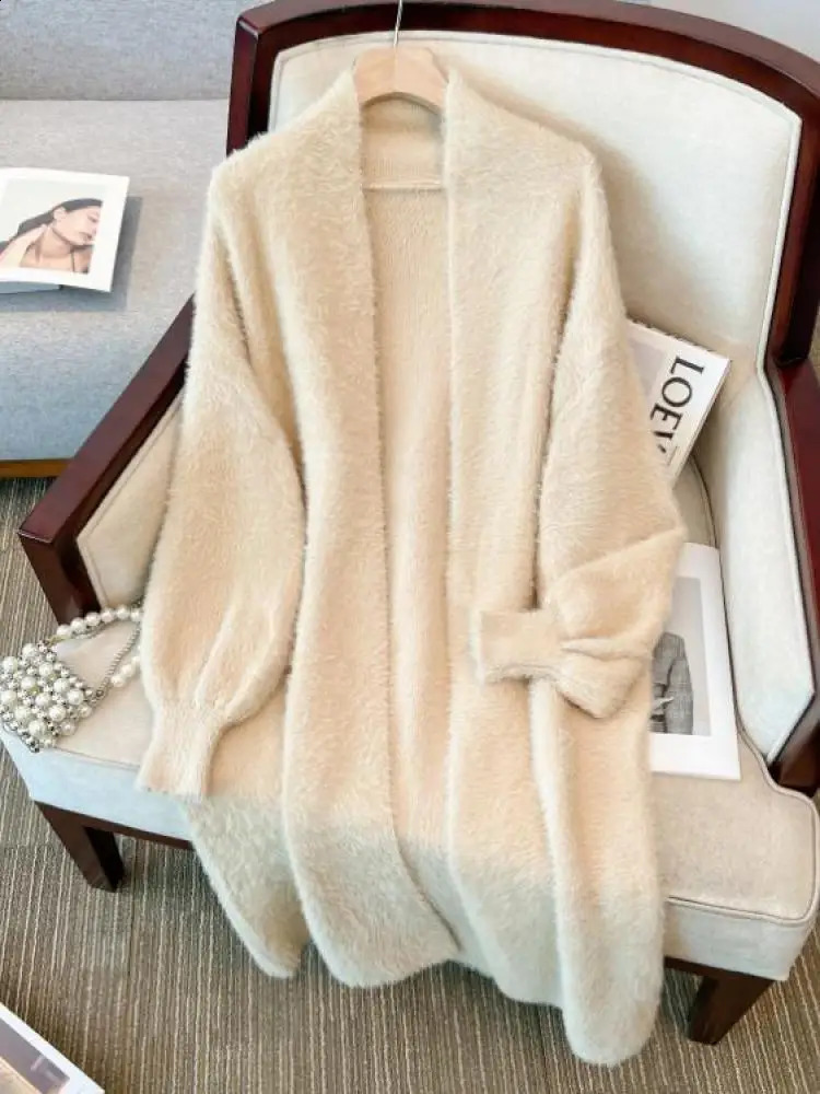 Korean Fashion Brown Mink Sweater Cardigan Coat Women Autumn Beige Loose Soft Top White Long Knitted Jacket Simple 240904