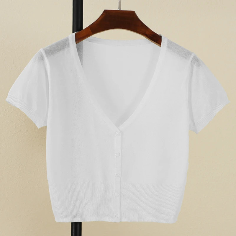 Outerwear Jerseys Summer Cardigan Women Cropped Blouses Korean Fashion Style Cute Vneck Womens Coat Black Bolero Woman Basic 240910
