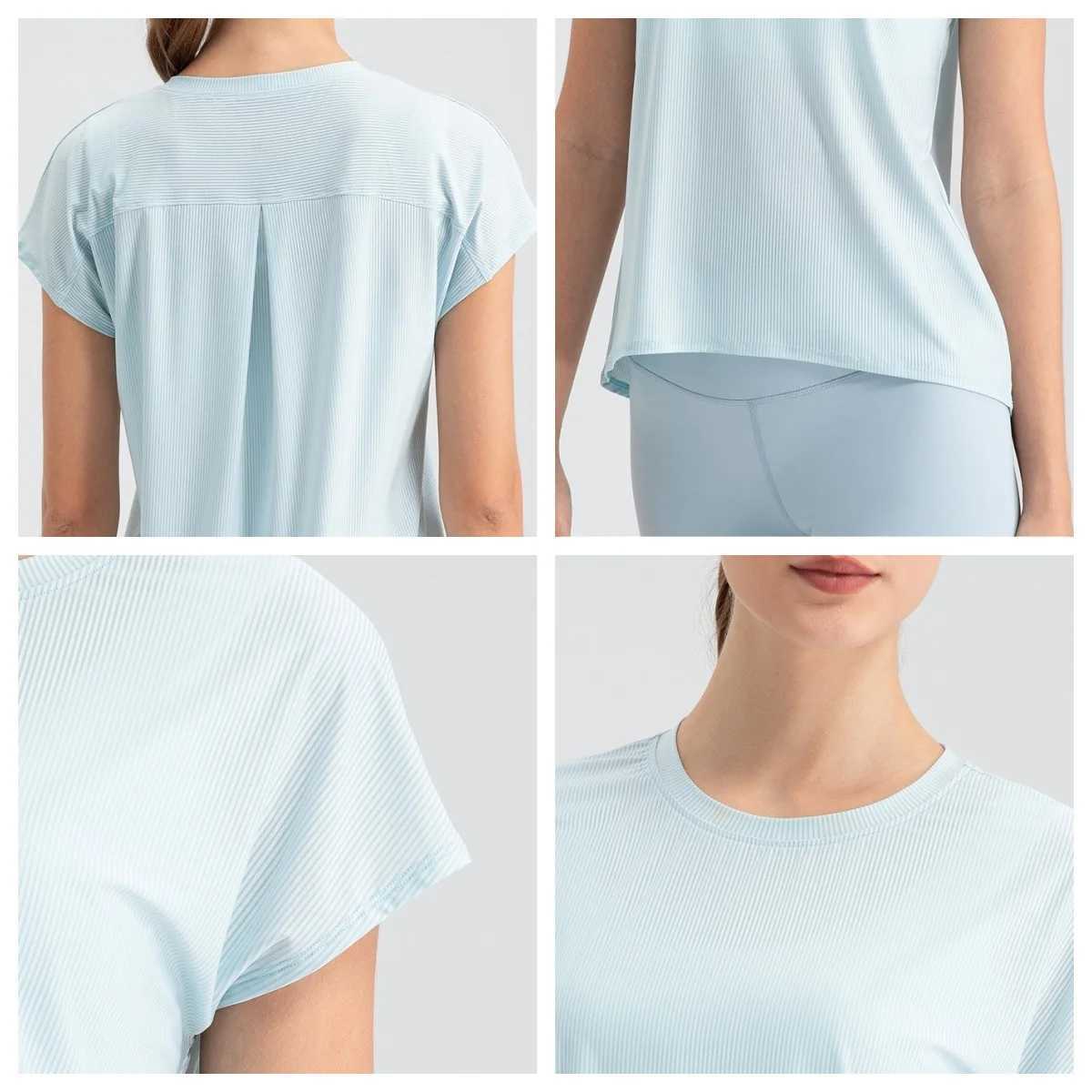 Women cool drop-shoulder curved hem I-pleated back breathable quick dry yoga sports casual short sleeve T-shirt top with M240914