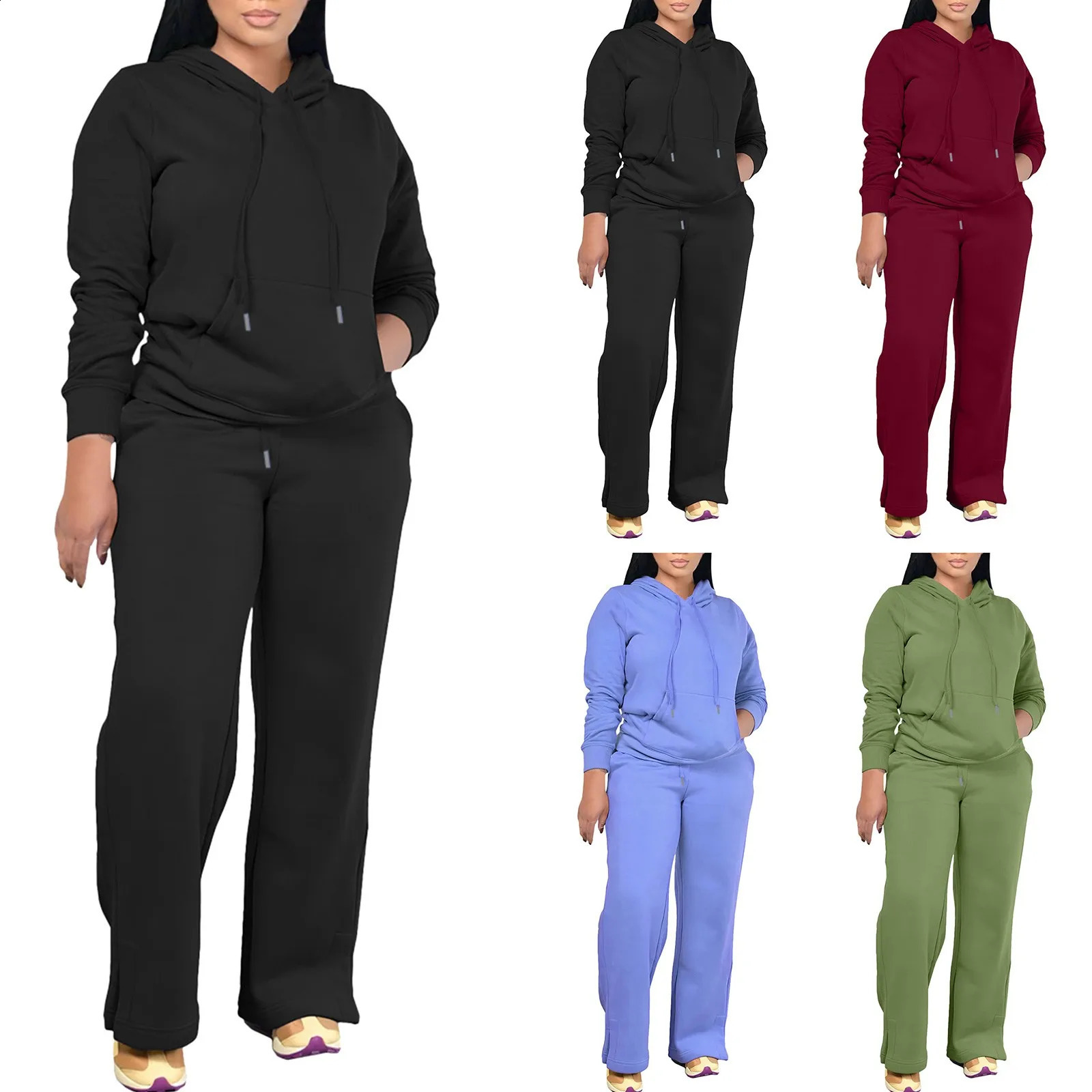 WomenS Pure Color Autumn Winter Pants Suit Fashion Warm Casual Hoodie Joggers Two Piece Set Quilted Ladies Outfits 240905
