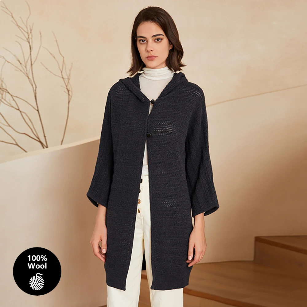 BC309 Thick 100% Pure Wool Button Hooded Knit MidLength Sweater Coat For Women Hoodie Cardigan Clothes 240904
