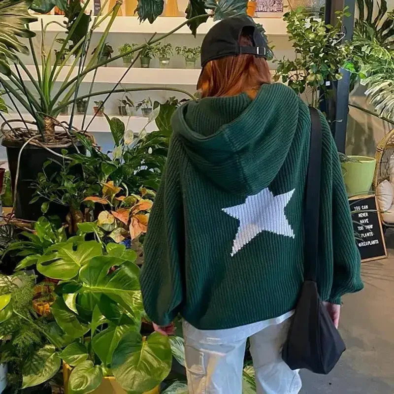 DEEPTOWN Y2k Hooded Sweater Winter Streetwear Hiphop Long Sleeve Star Print Graphics Sweater Jacquard Knit Hooded Pullover 240909CJ