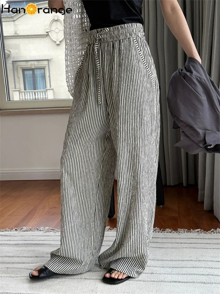 HanOrange Summer Lazy Striped Ice Silk Wide Leg Brushed Pants Womens Cool Comfortable Thin Tight WhiteGreenBlack 240913
