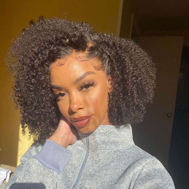 Short Afro Kinky Curly Synthetic Bob Wig Lace Front Wigs 10% Mixed Human Hair For Women Daily Wear Side Parting