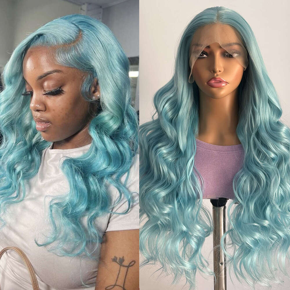 AIMEYA Blue Synthetic Long Body Wave Front Mint Green Heat Resistant Hair Lace Daily Use Cosplay Wig