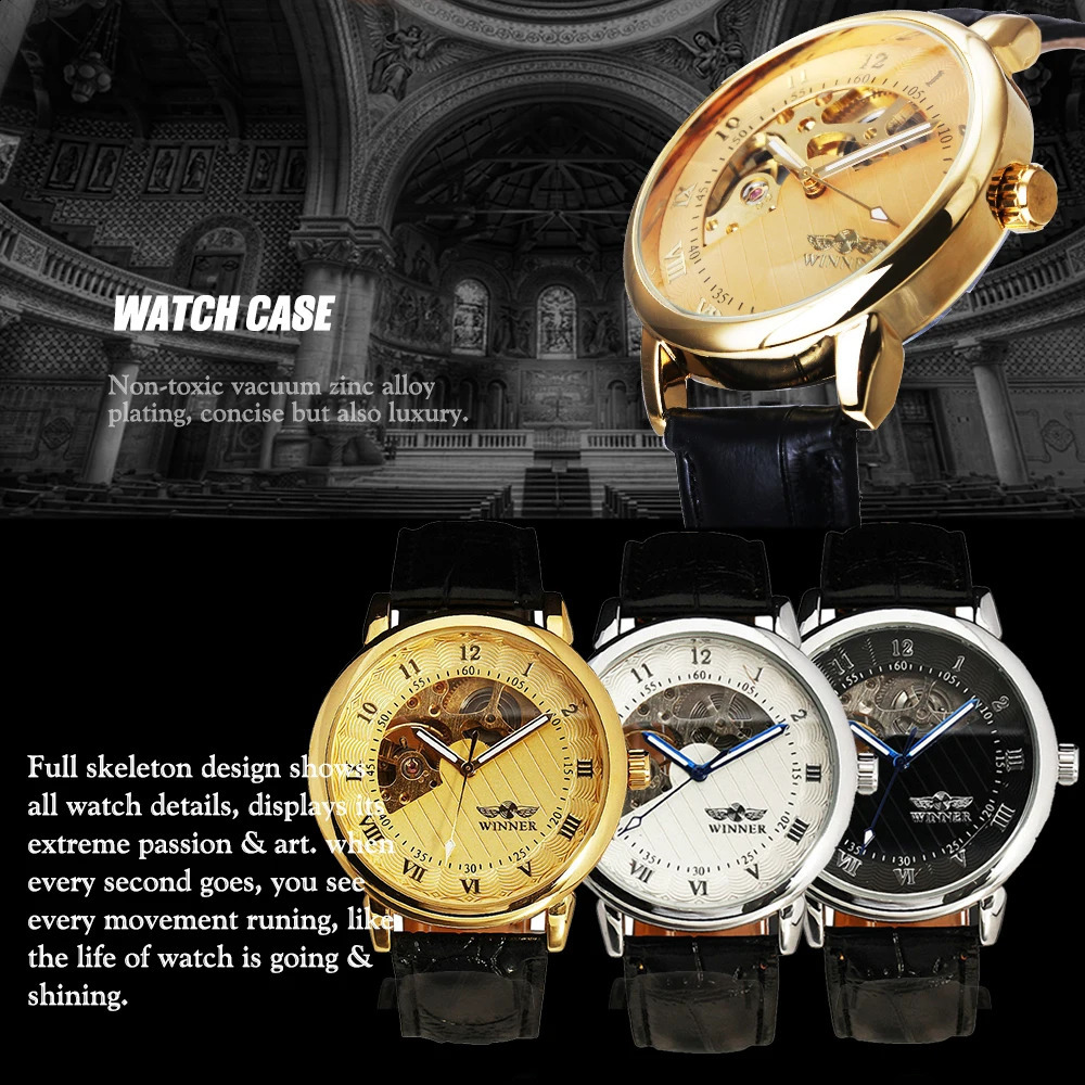 T-Winner Watch Gold Skeleton Watches Men Mechanical Hand Wind Wristwatches Reloj Hombre Relogio Masculino 240906