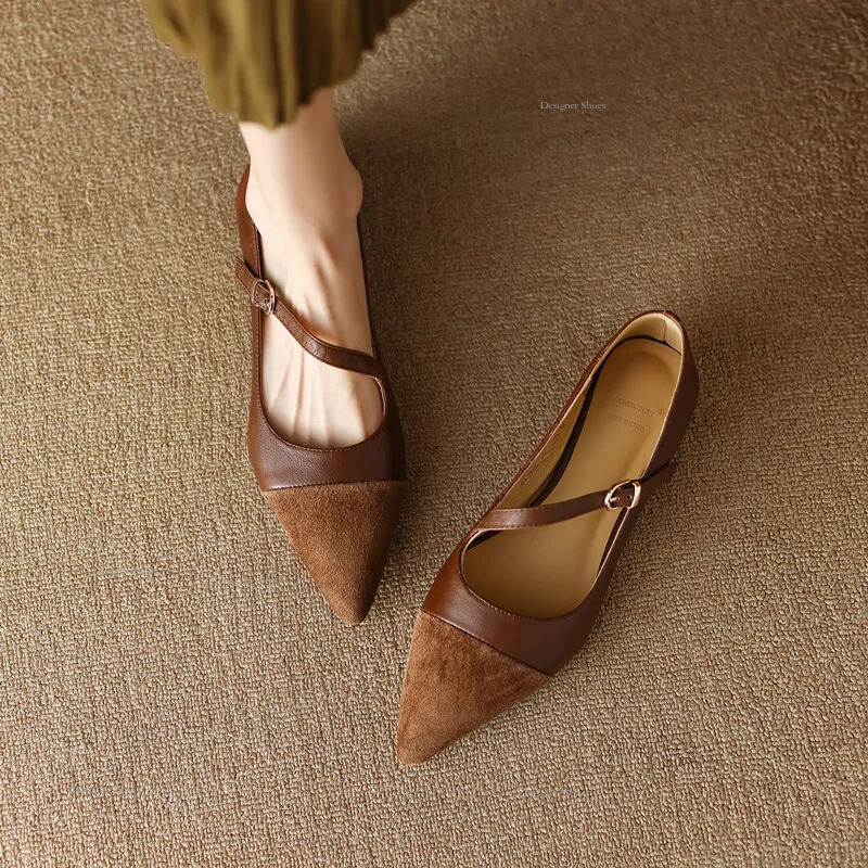 Single Shoe Pointed Women's Patchwork Design With A Shallow Cut And Versatile Brown Ladyblade Shoes, French Style Buckle Strap Flat Shoes nd s, s