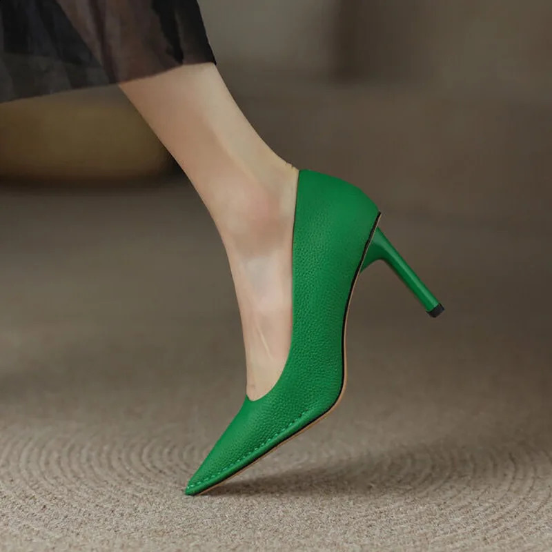 Womans Pumps Pointed Toe High Heels Dress Shoes Green Sewing Pumps Slip on Ol Office Lady Shoes Orange Boat Shoes 9728N 240904