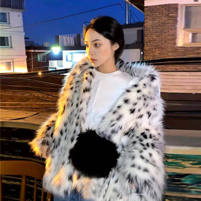 Cat Printed Imitation Fox Black And White Ed Leopard Lapel Loose Coat Young Women Thick Warm Fur Outer Wear Winter
