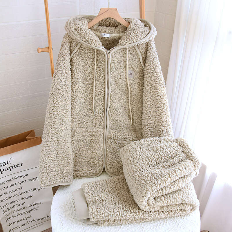 New Flanner Couple's Pama Hooded Zipper Sleeping Sleepwear Winter Underwear Set Nightie Warm Pamas Pyjamas Women