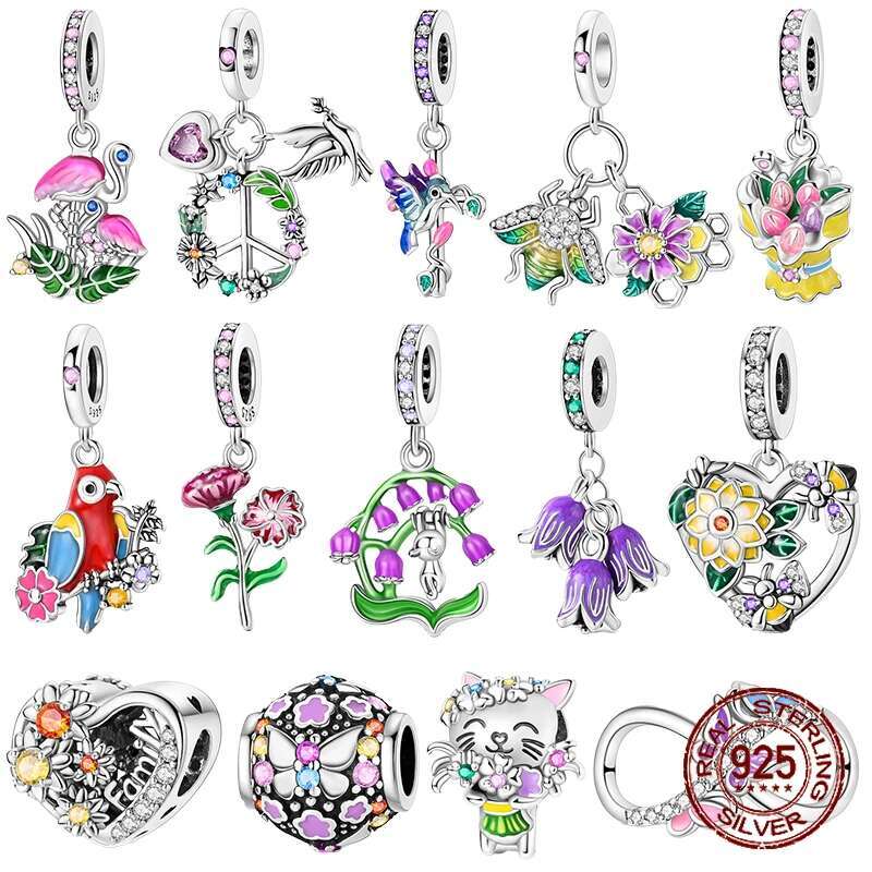 925 Sterling Silver Lovely Pink Color Charms LOVE bird wer Dangle Pendants Fit Original Bracelet DIY Jewelry making