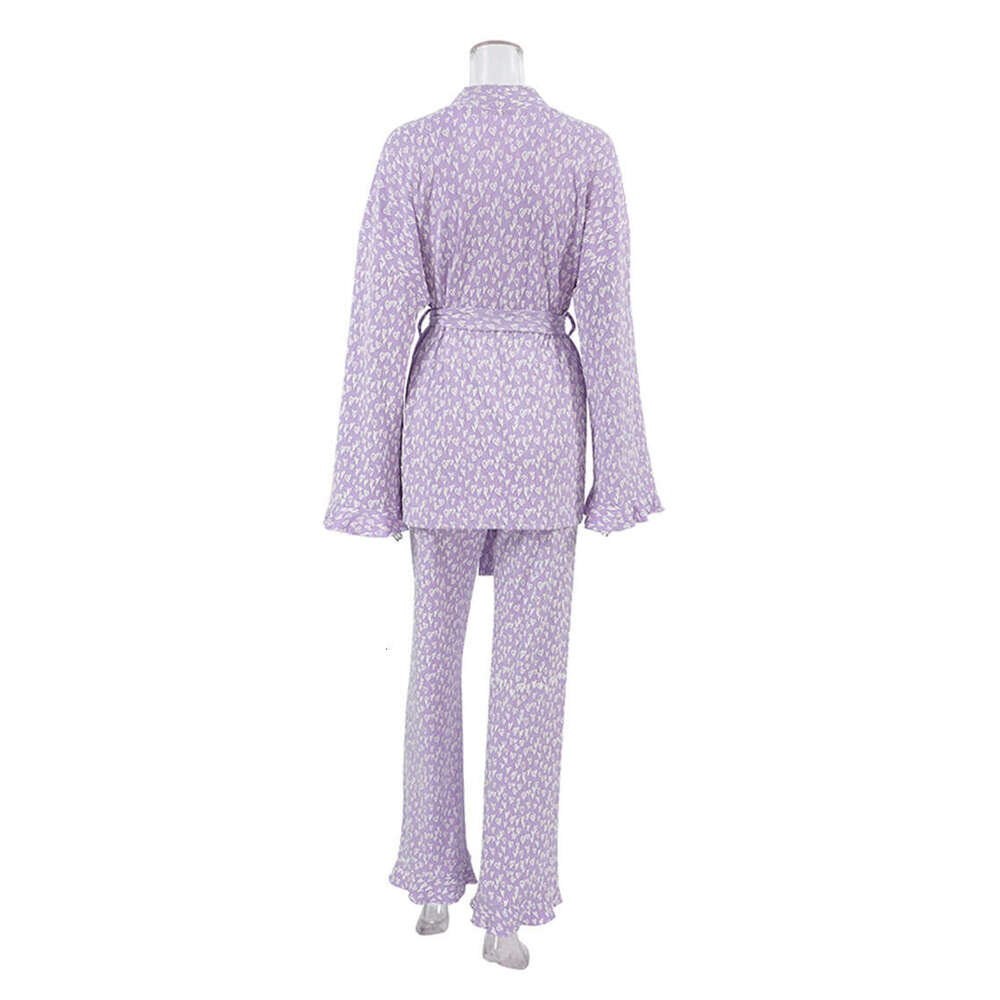 Marthaqiqi Printing Women Sleepwear 2 Piece Suit Sexy V-Neck Pama Long Sleeve Nightie Lace Up Pyjama Pants Femme Nightwear Set
