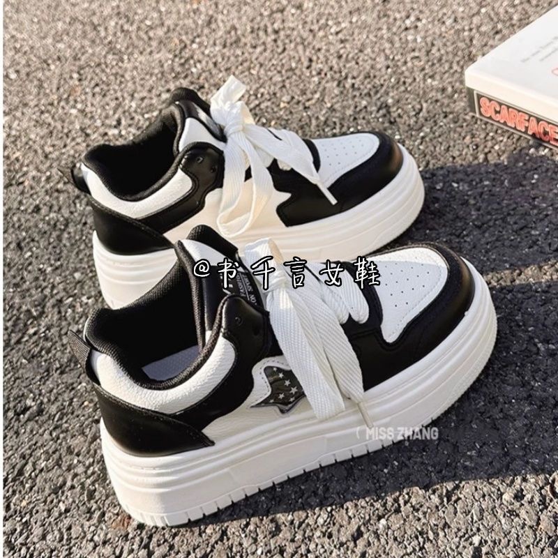 Women Breathable Retro Star White Thick Heel Heart Sneakers Casual Running Platform Y2K Lovely Bread Shoes