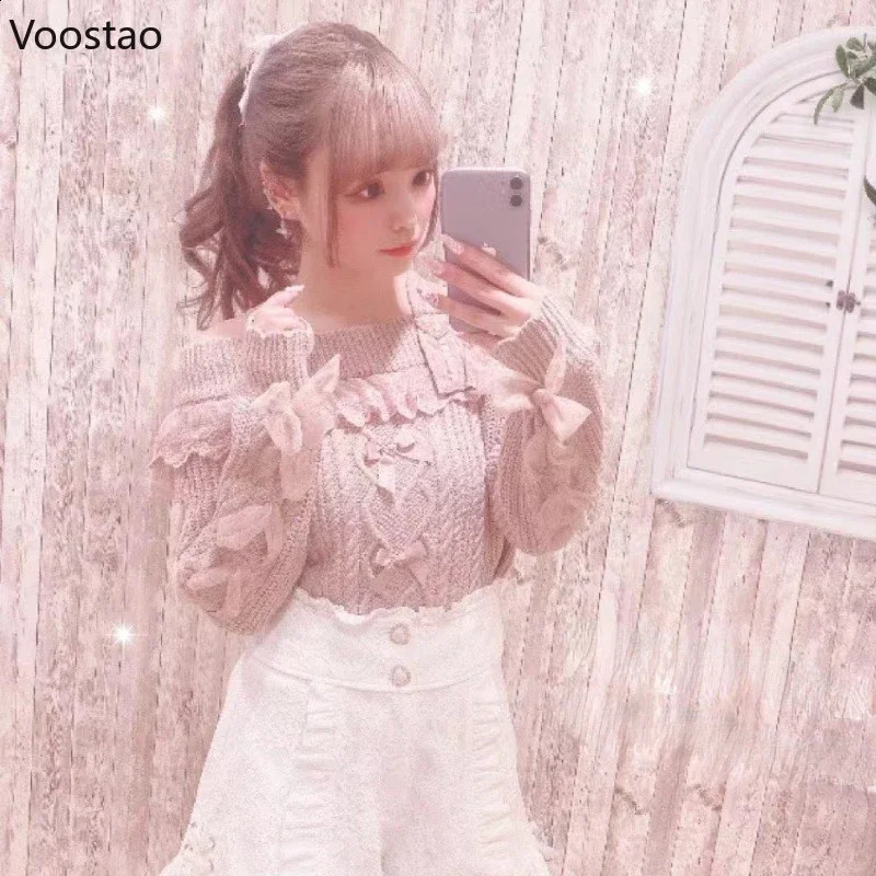 Vintage Sweet Lolita Style Knitted Pullover Autumn Girls Cute Off Shoulder Lace Ruffles Bow Sweater Women Harajuku Knitwear Tops 240911