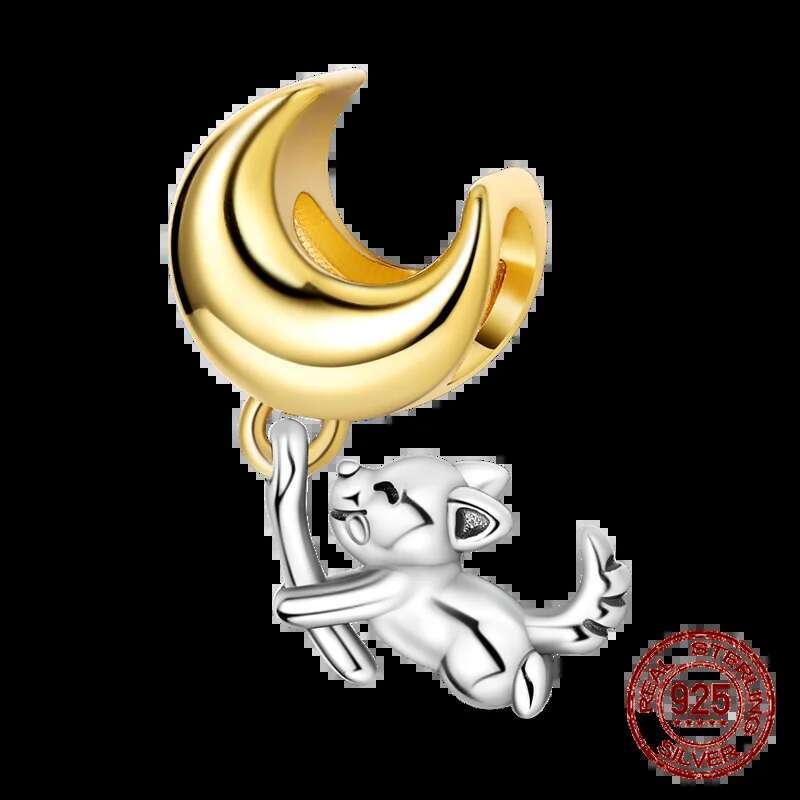 S925 Golden Color Charms Beads Sterling Silver wer Cat Moon Star Dangle pendant Fit Original Bracelet DIY Jewelry