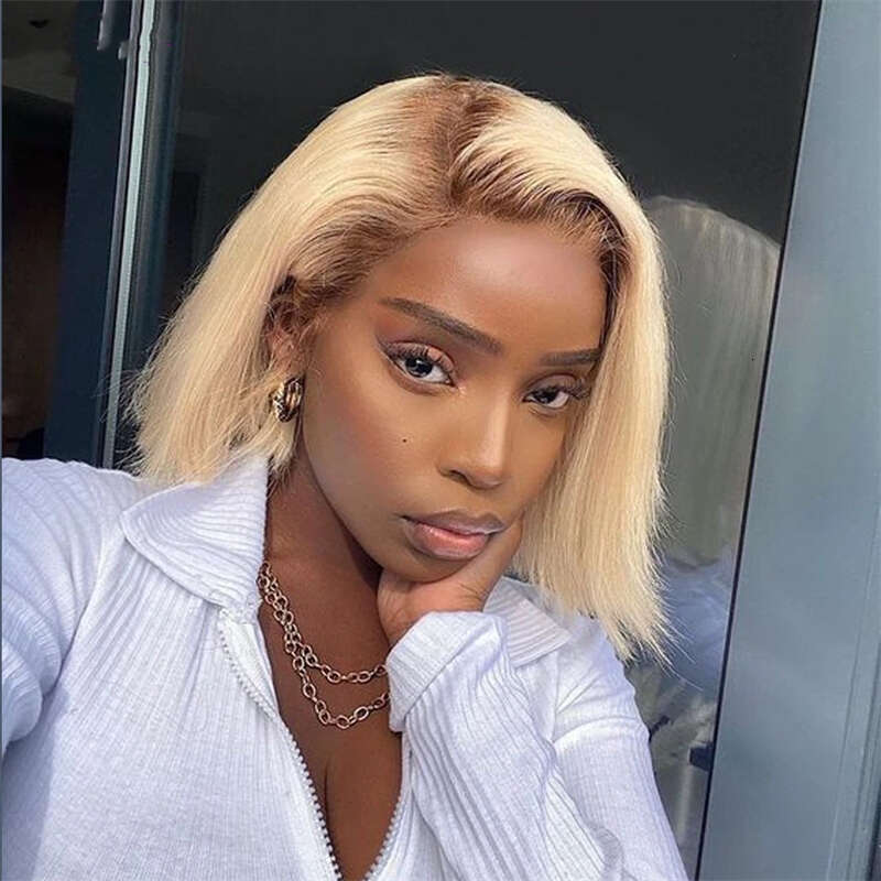Ash Blonde Highlight Color Short Straight Bob Front Wigs For Women Long Synthetic Hair Dark Roots 13X4 Lace Frontal Wig