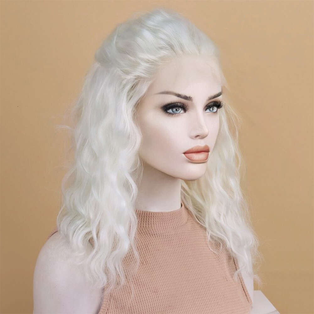 White Blonde Shoulder Length Warmth Beach Wavy Synthetic Lace Front Wig Heat Resistant Soft Fibers Natural Haire Free Part