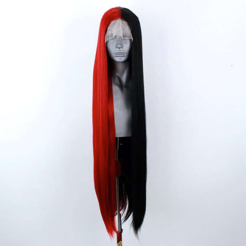 Red Half Black 10% Human Hair Straight Front Heat Resistant Synthetic Lace Frontal Wig Cosplay