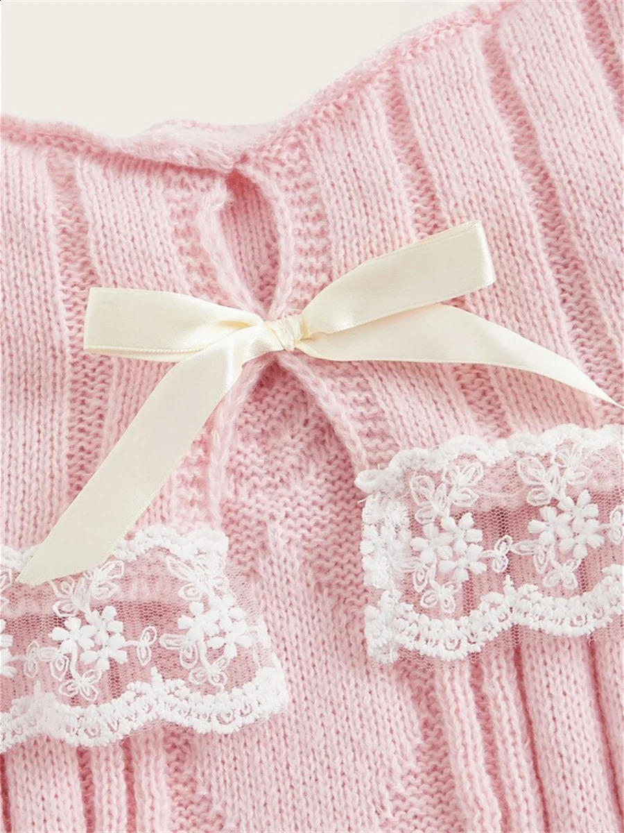 Grunge Women Off Shoulder Knit Sweater Pink Pullover Sweet Pullovers Long Sleeve Bow Lace Patchwork Jumpers Y2k Streetwear 240911