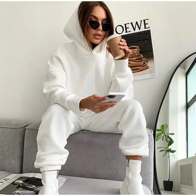 Autumn Winter Two Piece Sets Women Tracksuit Oversized Suit Trouser Suits Female Sweatshirt Solid Sports Hoodie Sportswear 240905
