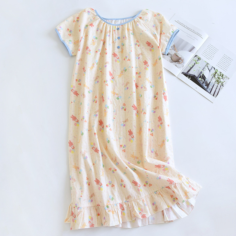 2024 Summer New Pamas 100% Cotton Nightdress Dress For Women Nightwear Home Sleepdress Round Neck