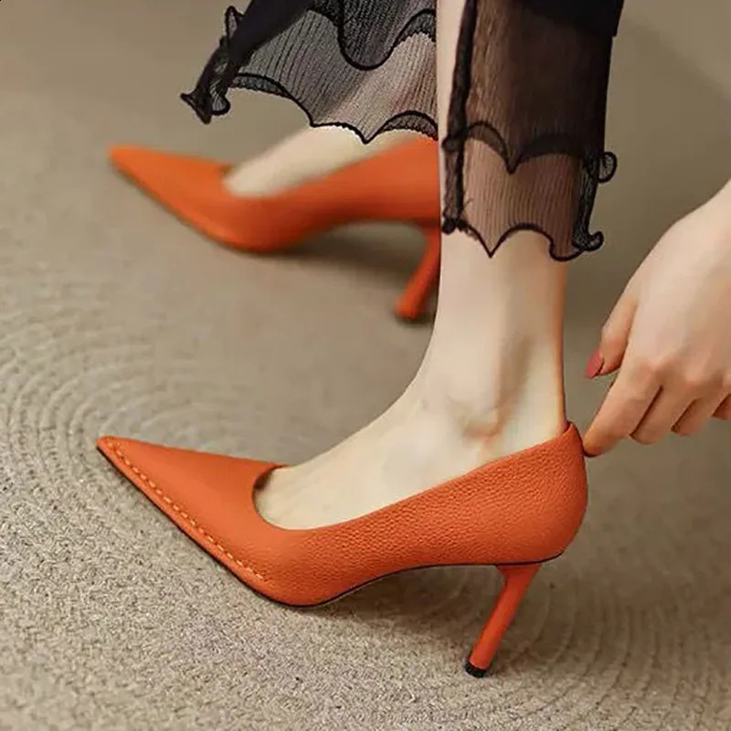 Womans Pumps Pointed Toe High Heels Dress Shoes Green Sewing Pumps Slip on Ol Office Lady Shoes Orange Boat Shoes 9728N 240904