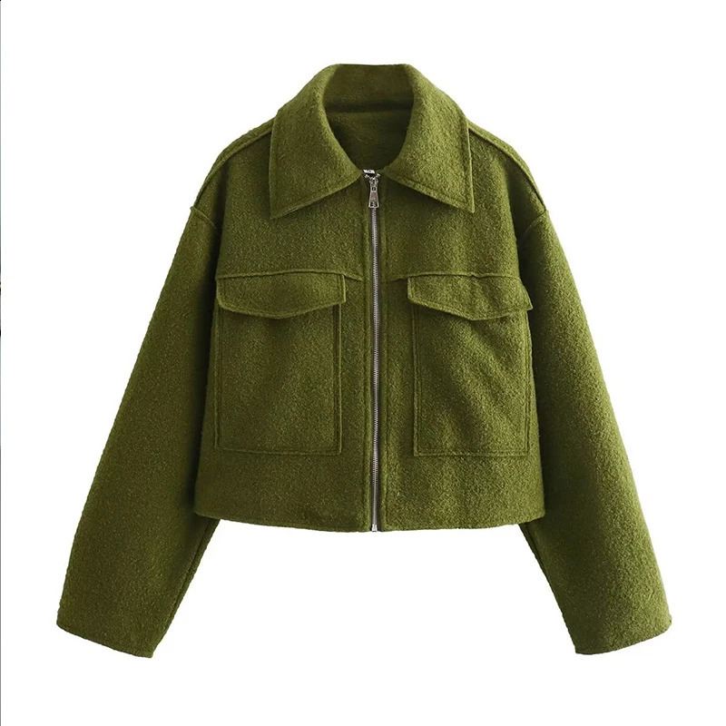 Spring Autumn European American Women Clothing Collar Large Pocket Zipper Short Long Sleeve Woolen Coat 240905
