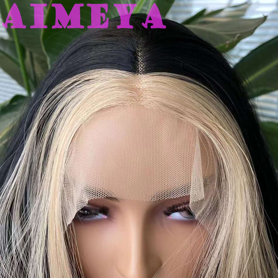 AIMEYA Black Wig With Blonde Highlights Long Body Wave Lace Front Synthetic Hair Wigs For Women Daily Use Cosplay