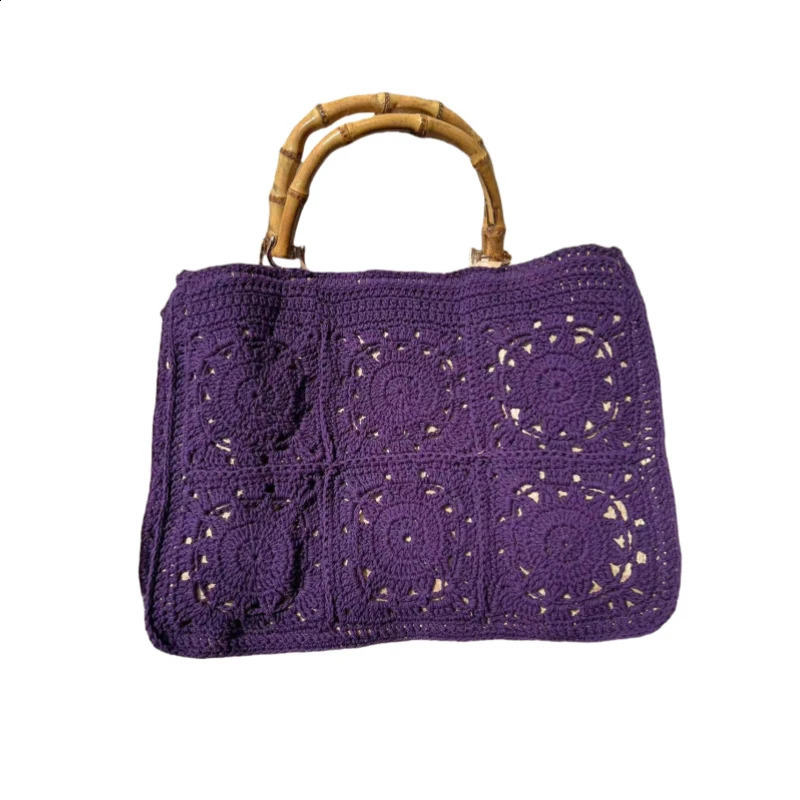 Retro bamboo handbag womens crochet hook large capacity handmade hollow beach bag casual summer 240913