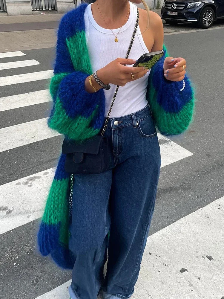 Fashion Stripe Long Cardigan Sweater Women Lantern Sleeve Loose Oversize Knitted Coat Autumn Lady Chic Streetwear Overcoat 241010