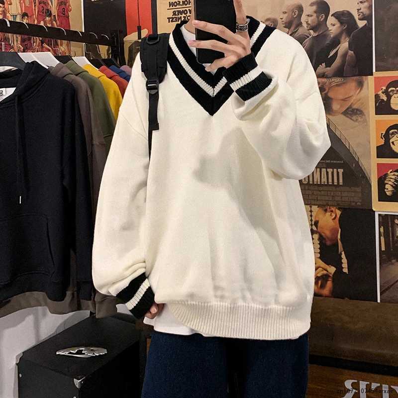 Men Fashion Pullover Warm Cashmere Knitting Long Sleeve Knit V-neck Loose Coats Casual Black/White Woolen Sweater M-2XL M240914