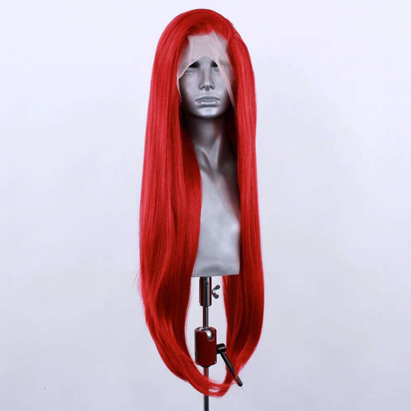 Bright Red Sythetic Front Silky Straight 10% Human Hair Lace Frontal Wig For Women Natural Haire Daily Wear