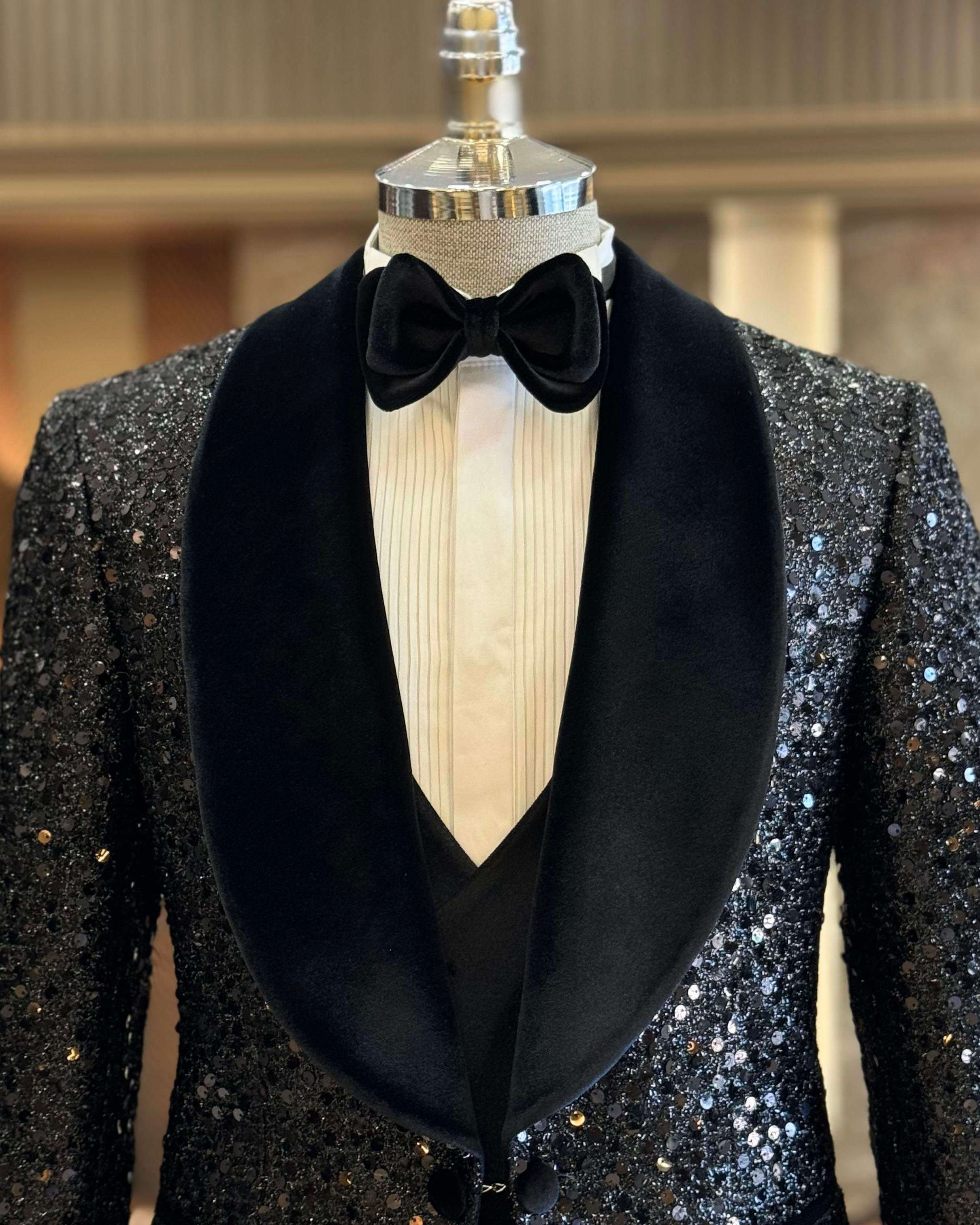 Sequined Mens Wedding Velvet Shawl Lapel One Button Jacket Pants Suits 2 Pieces Birthday Party Prom Formal Groom Wear
